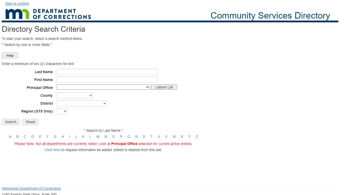 Directory Search Criteria - Department of Corrections